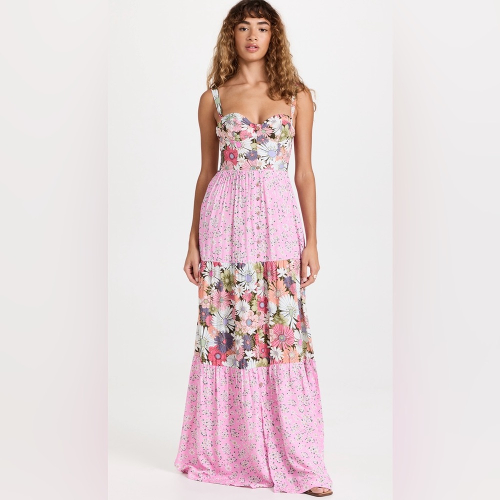 Pink Floral Tiered Maxi Dress with Straps - Picture 2 of 6